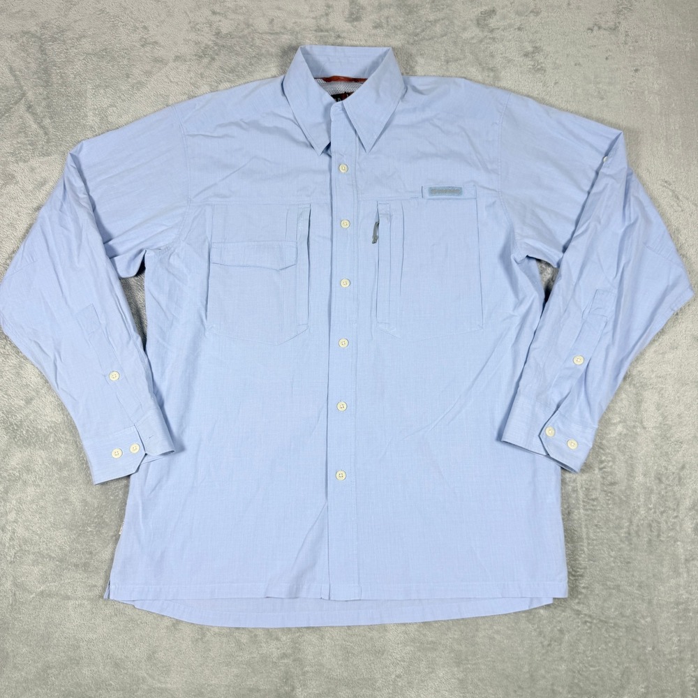 Simms Mens Large Blue Fishing Shirt Long Sleeve Vented Back Button Up